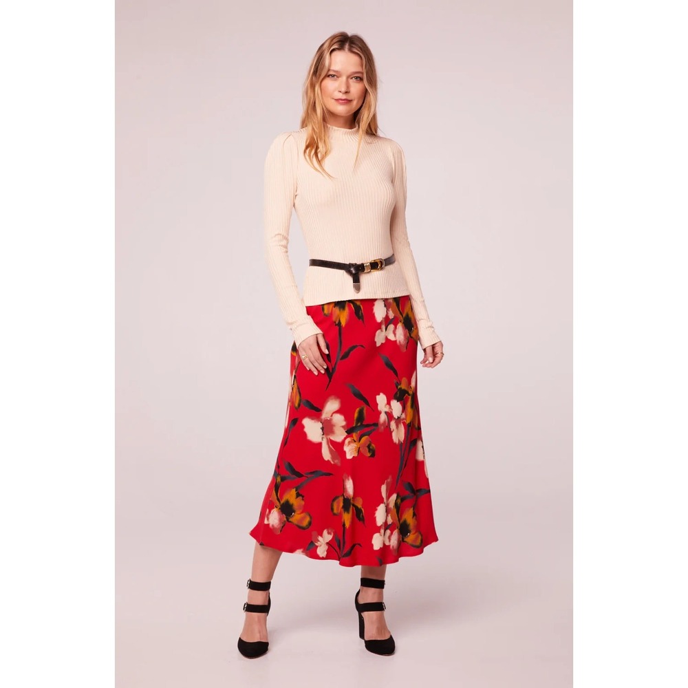 Band of the Free Women Red Floral Midi Skirt Large Bias Cut Rayon Boho Flowy NWT